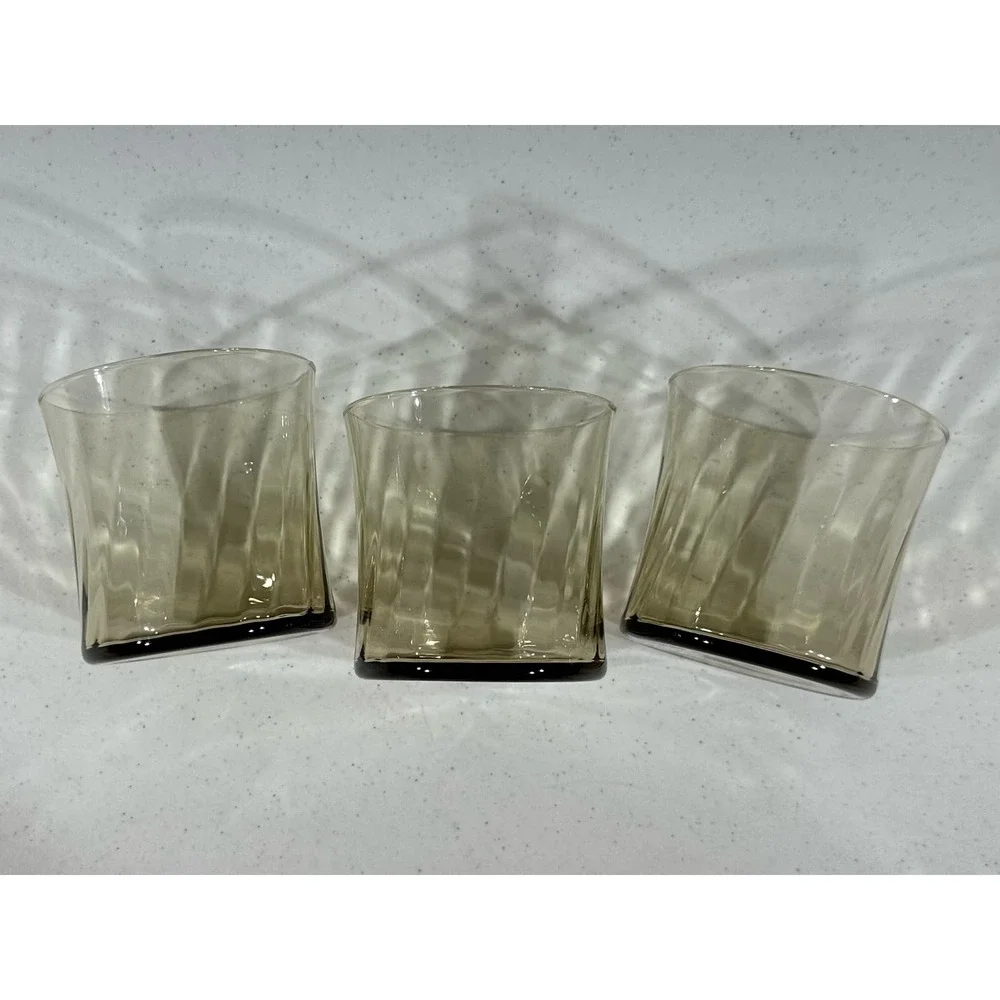 Vintage‎ Smoky Brown Unbranded Swirl Glasses Juice Whiskey Old Fashion Set of 3